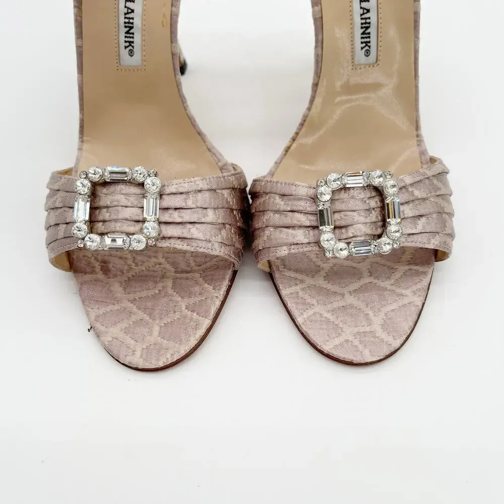 Manolo Blahnik Pink Snake Jacquard Fabric Crystal Buckle Strap Mule Heels IT 40